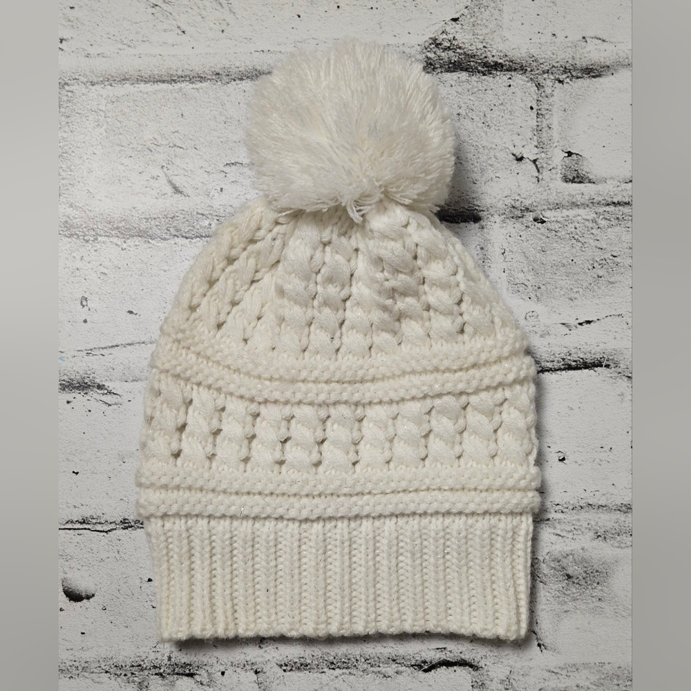 Max Studio Cream Cable Knit Pom Beanie Cozy Winter Hat